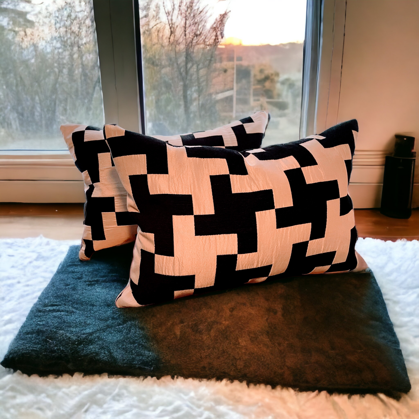 Set Of 2 White & Black Lumbar Throw Pillows