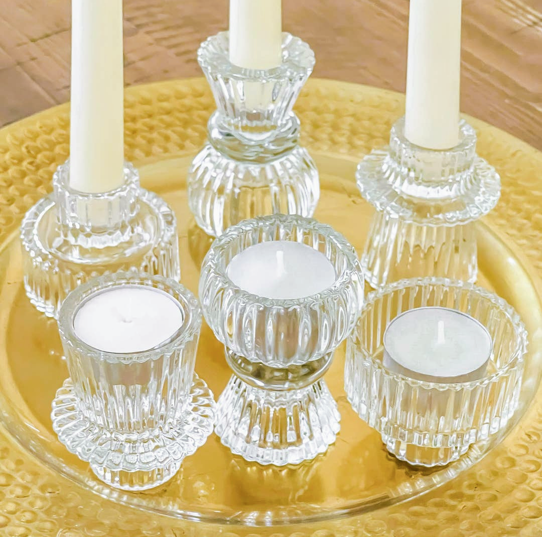 Vintage Ribbed Glass Clear Candle/Candlestick Holders - Set of 6