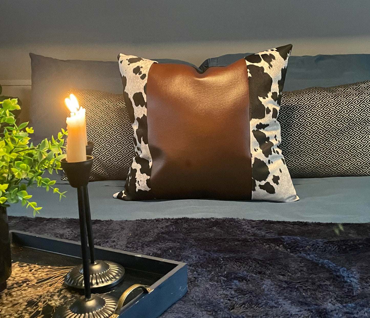 Cowhide & Faux Leather Throw Pillow