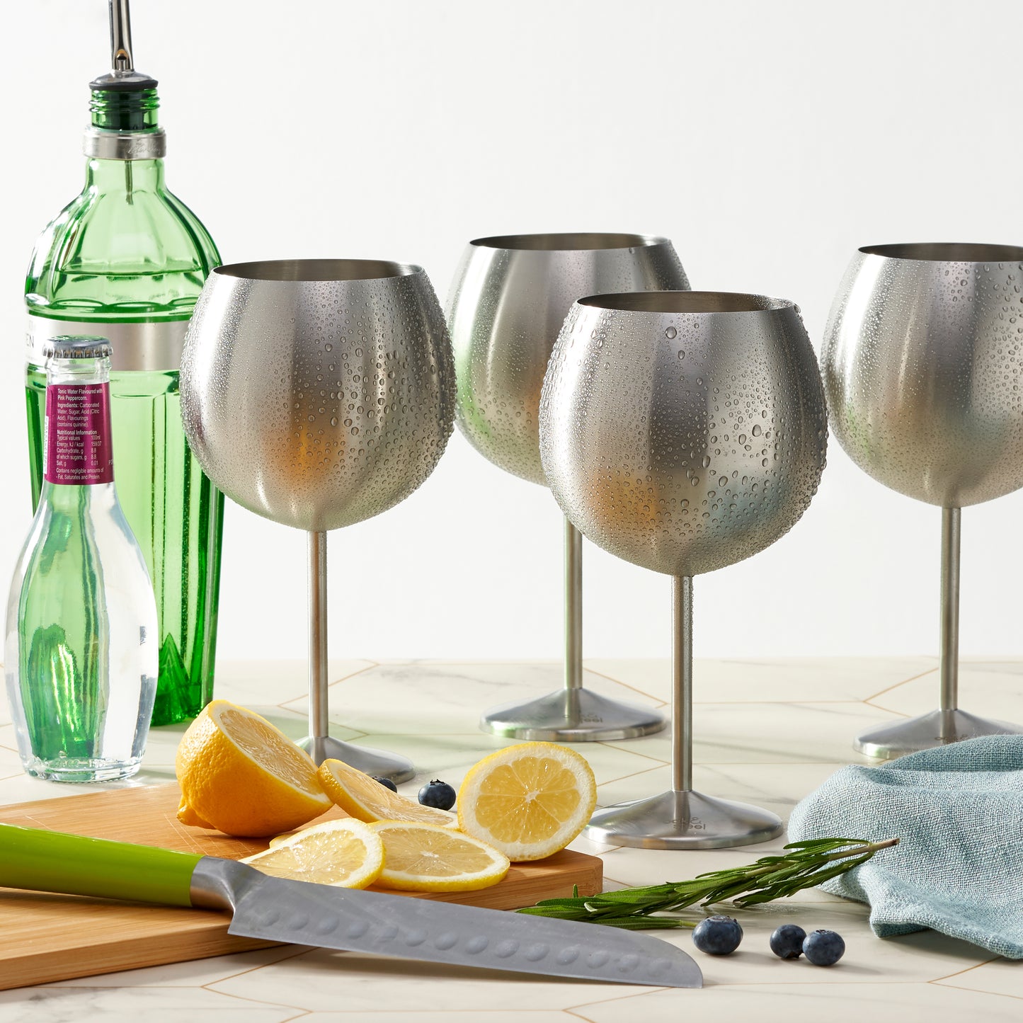 4 Balloon Cocktail Glasses - Silver Matte Stainless Steel Shatterproof Wine Goblet 700 ml